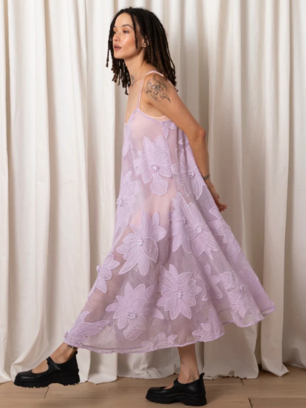 Sheer Floral Lace Midi Dress in Lilac